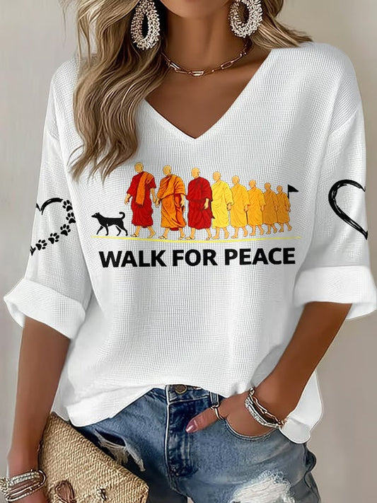 Women's Walk For Peace Monks With Aloka Dog Printed Waffle T-shirt