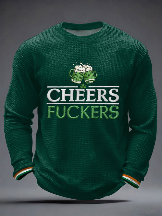 Men's Funny St. Patrick's Day Cheers F*ckers Green Beer Print Casual Waffle Long Sleeve T-Shirt