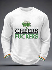 Men's Funny St. Patrick's Day Cheers F*ckers Green Beer Print Casual Waffle Long Sleeve T-Shirt