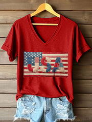 Women's USA Patchwork Art V-Neck T-Shirt