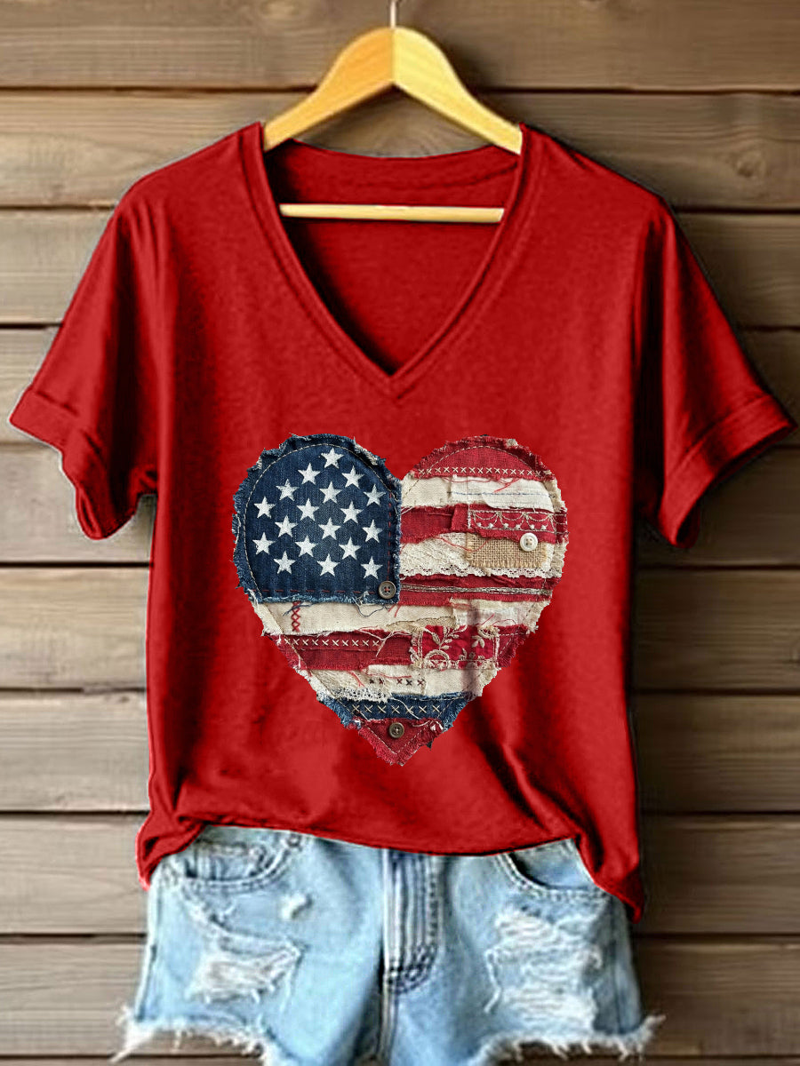 Women's America Heart Patchwork Art V-Neck T-Shirt