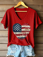 Women's America Heart Patchwork Art V-Neck T-Shirt
