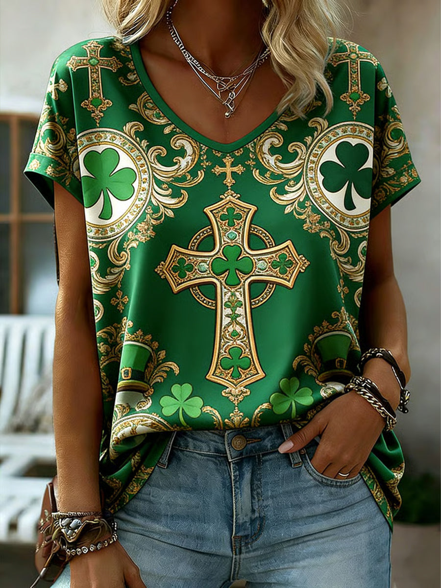 Women's St. Patrick's Day Printed V-neck T-shirt