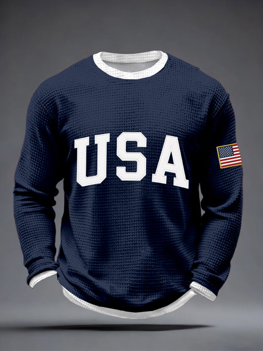 Men's USA Pattern Waffle Long-Sleeve T-Shirt