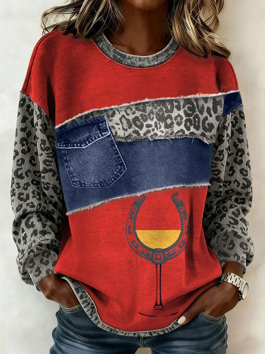 Women's Vintage Western Leopard Patchwork Print Casual Sweatshirt