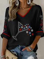Women's Martini Stars Bling Pattern V-Neck Waffle Top