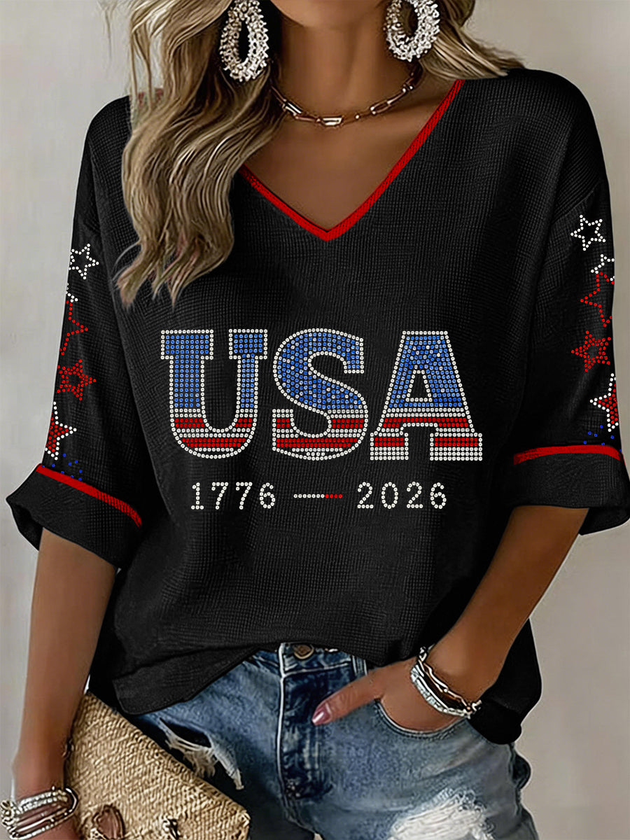 Women's USA 1776-2026 Rhinestone Pattern V-Neck Waffle Top