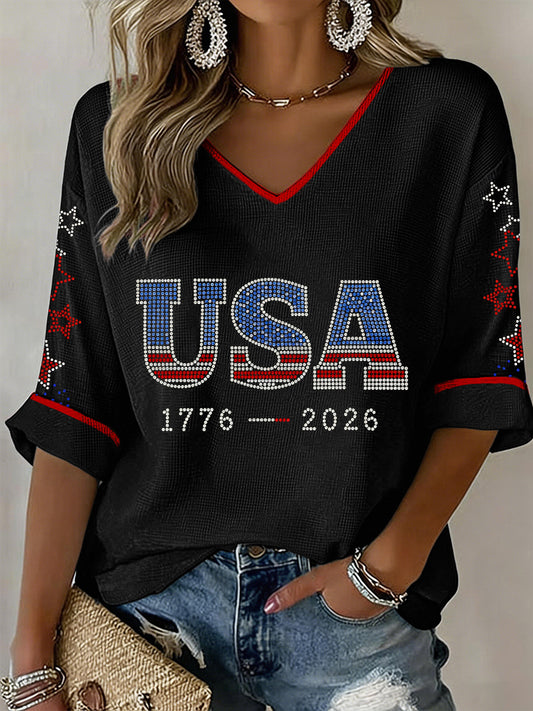 Women's USA 1776-2026 Rhinestone Pattern V-Neck Waffle Top