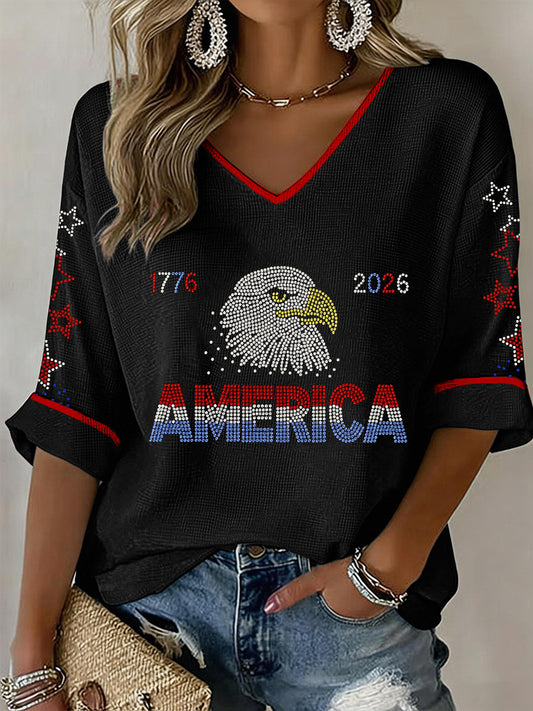 Women's USA 1776-2026 Rhinestone Pattern V-Neck Waffle Top