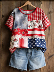 Women's American Floral Patchwork Print Casual T-Shirt
