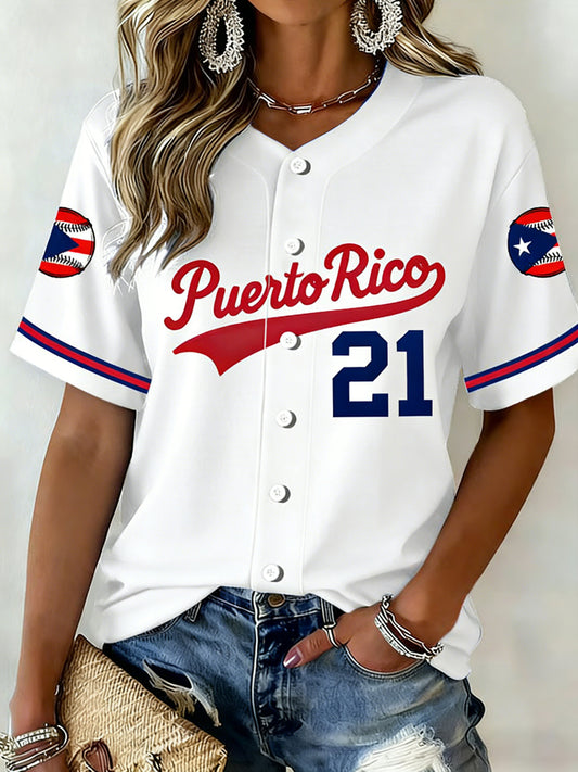 Women's Puerto Rico Baseball Print Casual Shirt