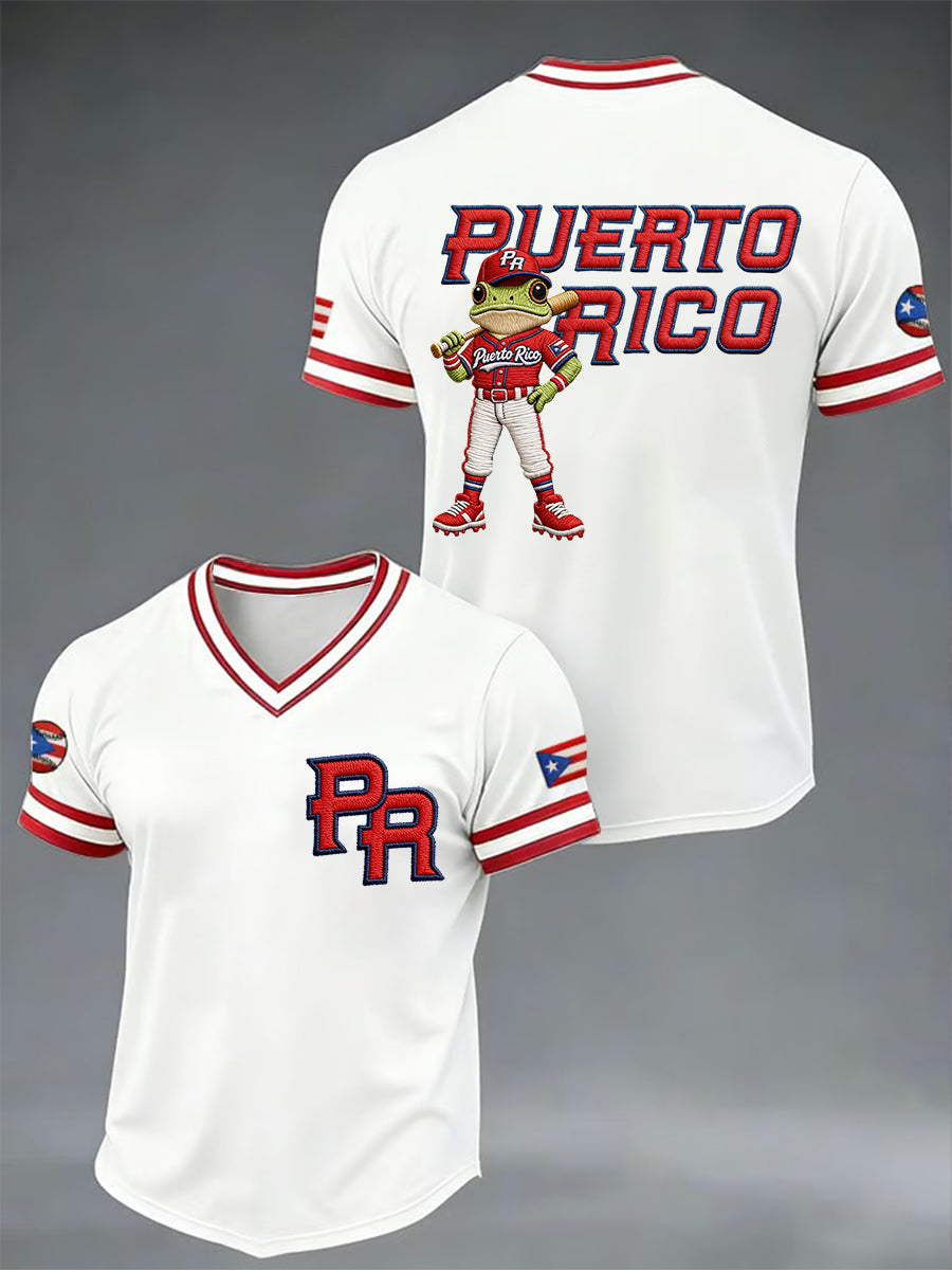 Men's Puerto Rico Baseball Print Casual V-Neck Tee