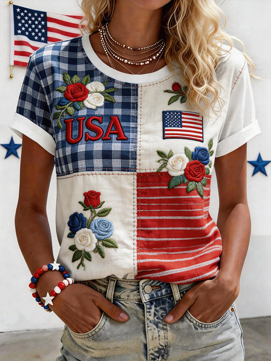 Women's USA Inspired Floral Embroidery Pattern Linen Blend Shirt