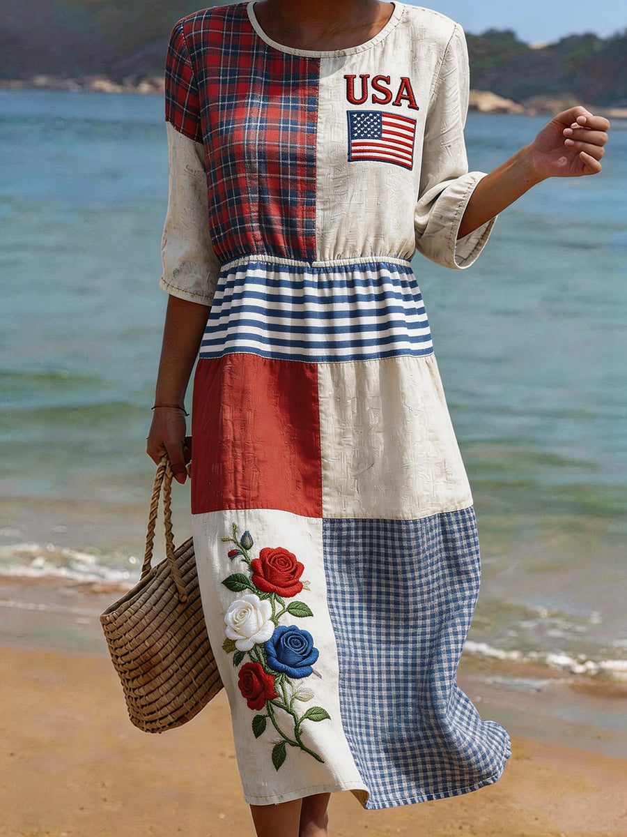 Women's USA Inspired Floral Embroidery Pattern Linen Blend Dress