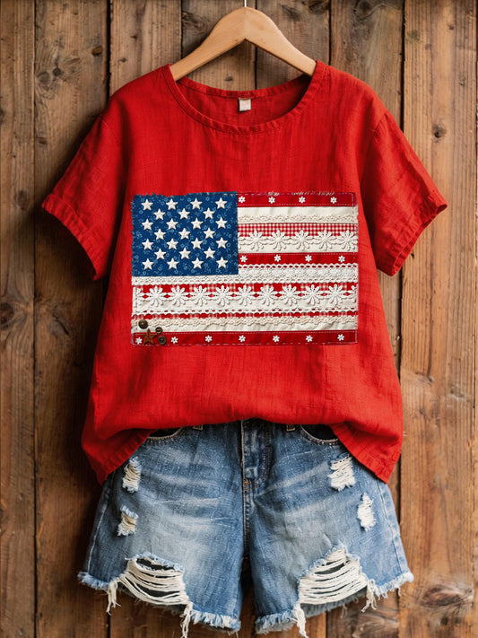 Women's American Flag Patchwork Pattern Linen Blend Shirt