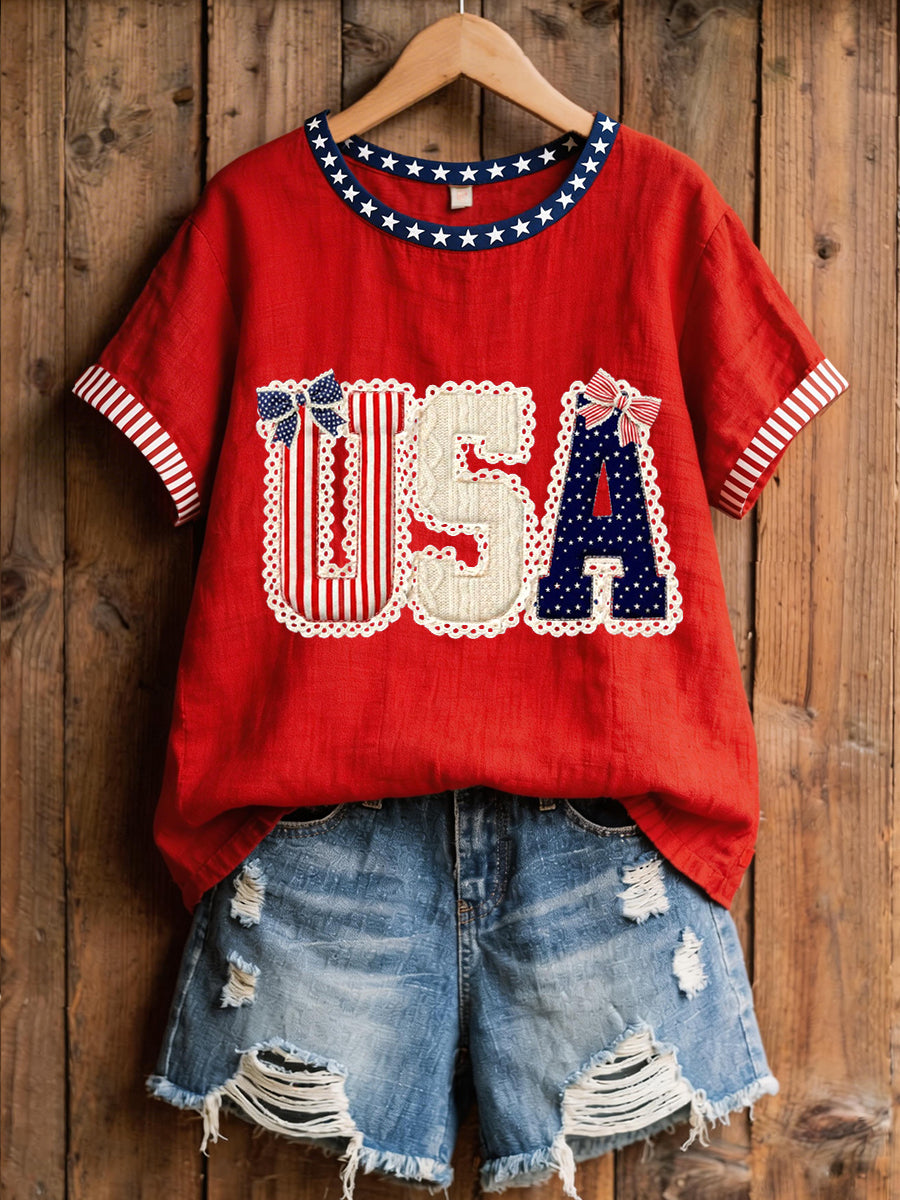 Women's USA Patchwork Pattern Linen Blend Shirt