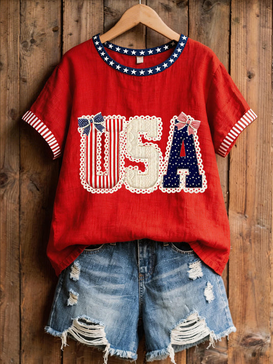 Women's USA Patchwork Pattern Linen Blend Shirt