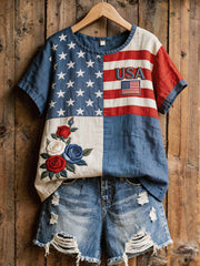 Women's USA Embroidery Pattern Patchwork Art Linen Blend Shirt