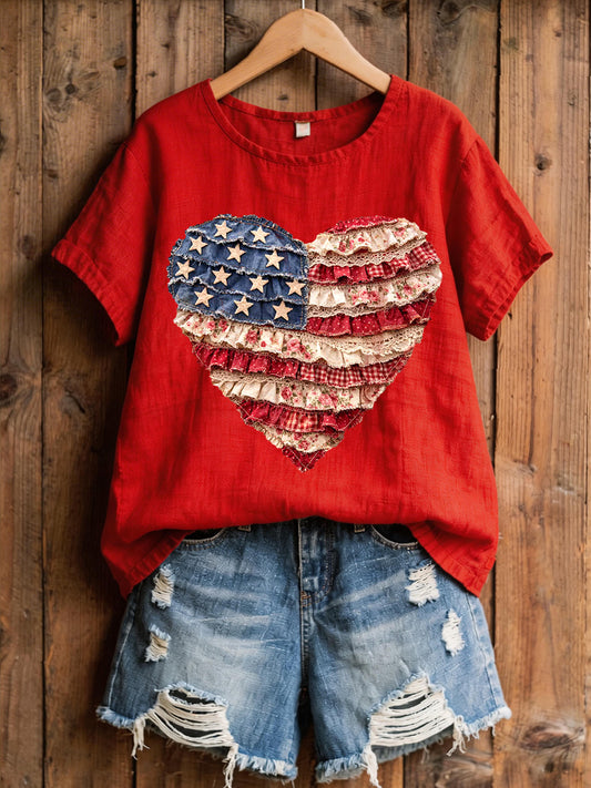 Women's American Flag Patchwork Pattern Linen Blend Shirt