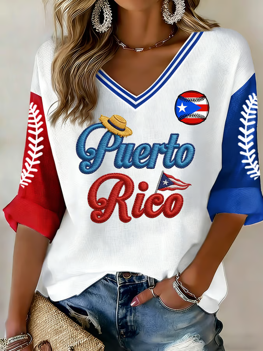 Women's Puerto Rico Baseball Printed Waffle T-shirt