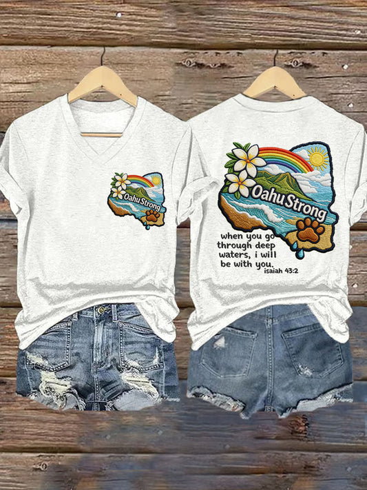 Women's Hawaii Flood Oahu Strong When You Go Through Deep Waters, I Will Be With You. Isaiah 43:2 Print V-Neck Tee