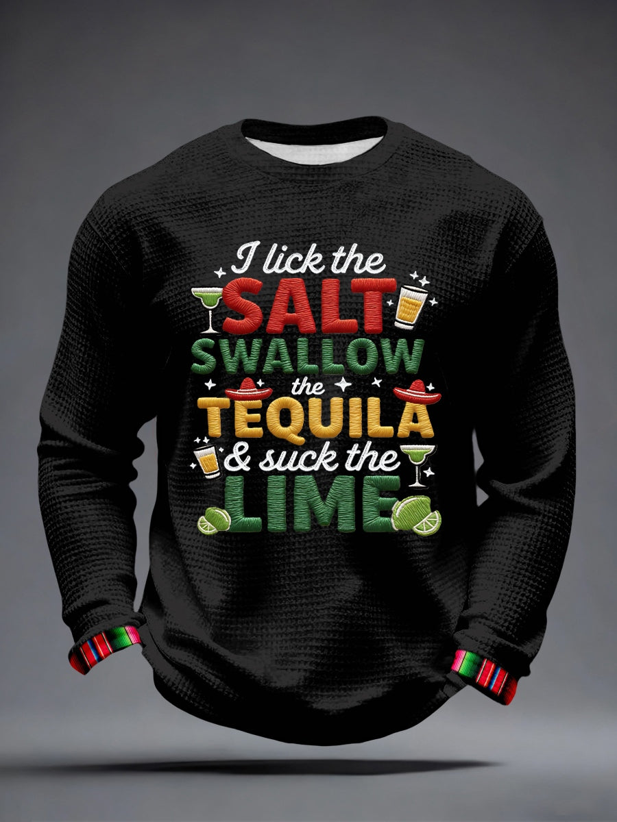 Men's I Lick the Salt Swallow the Tequila and Suck The LIME Embroidery Pattern Waffle T-Shirt