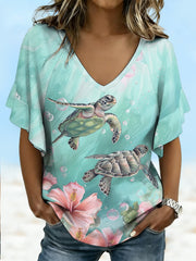 Women's Cute Sea Turtles Print Casual Ruffle Sleeves V-Neck Tee