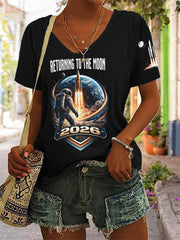 Women's Return To The Moon 2026 Casual V-Neck Tee