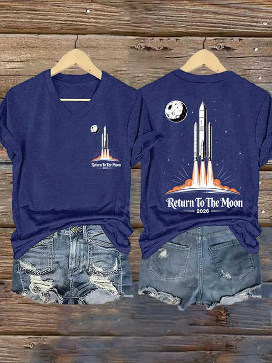 Women's Return To The Moon 2026 Casual V-Neck Tee