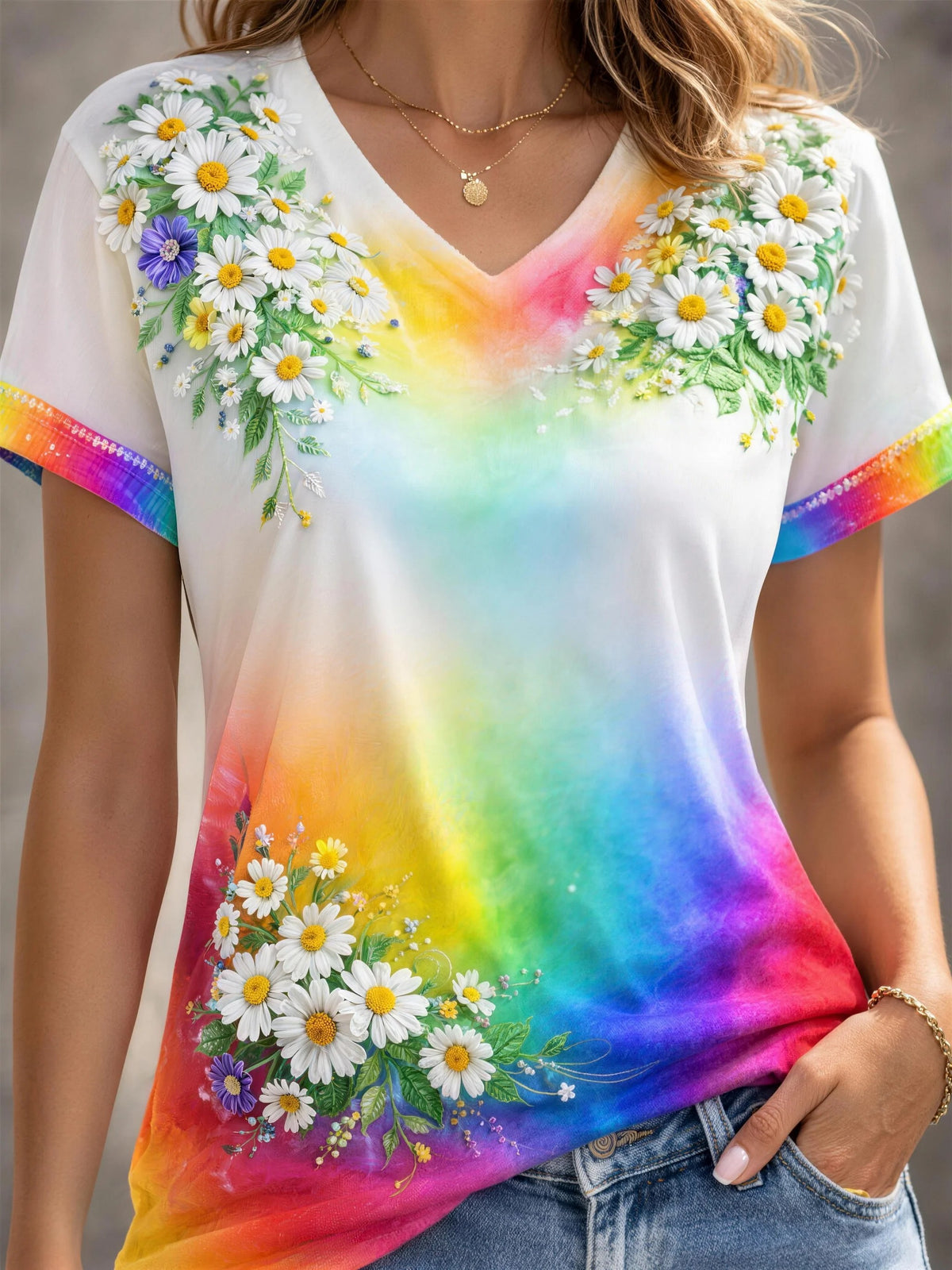 Women's Rainbow Floral Art Printed V-neck T-shirt
