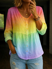 Women's Rainbow Art Print Cotton-Linen Shirt