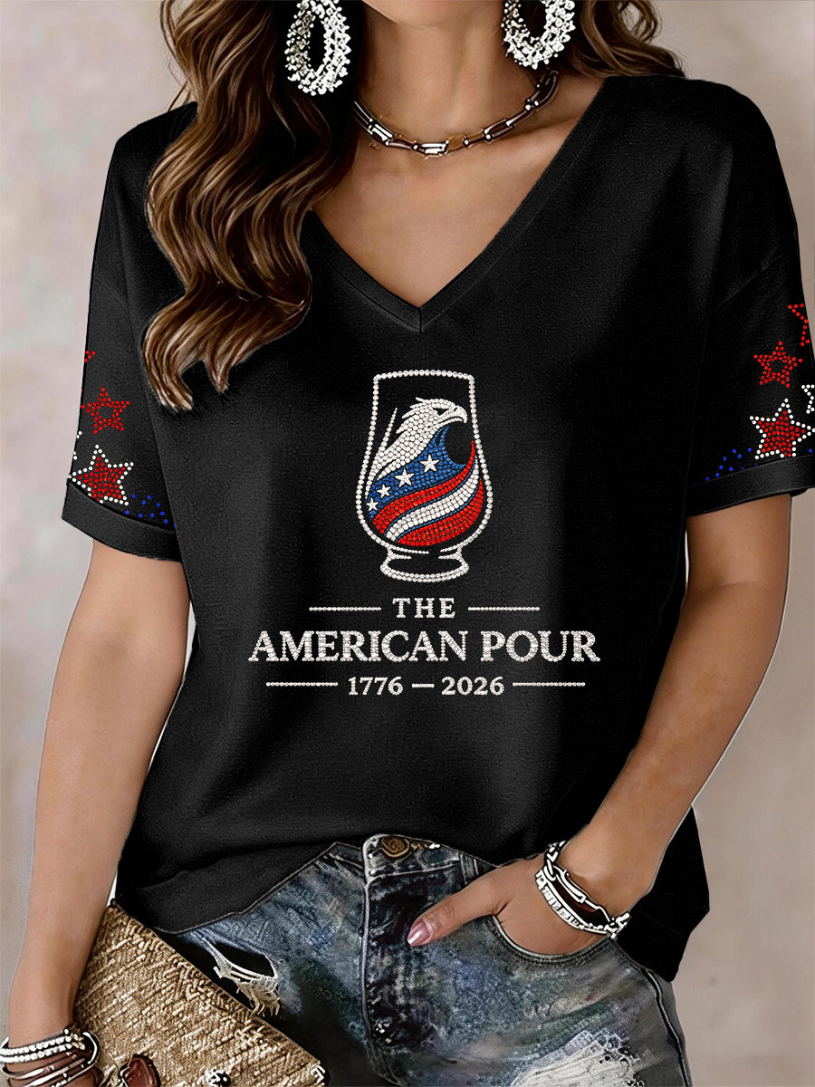 Women's The American Pour Rhinestone Pattern V-Neck T-Shirt