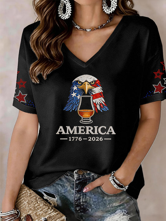 Women's America 1776-2026 Rhinestone Pattern V-Neck T-Shirt
