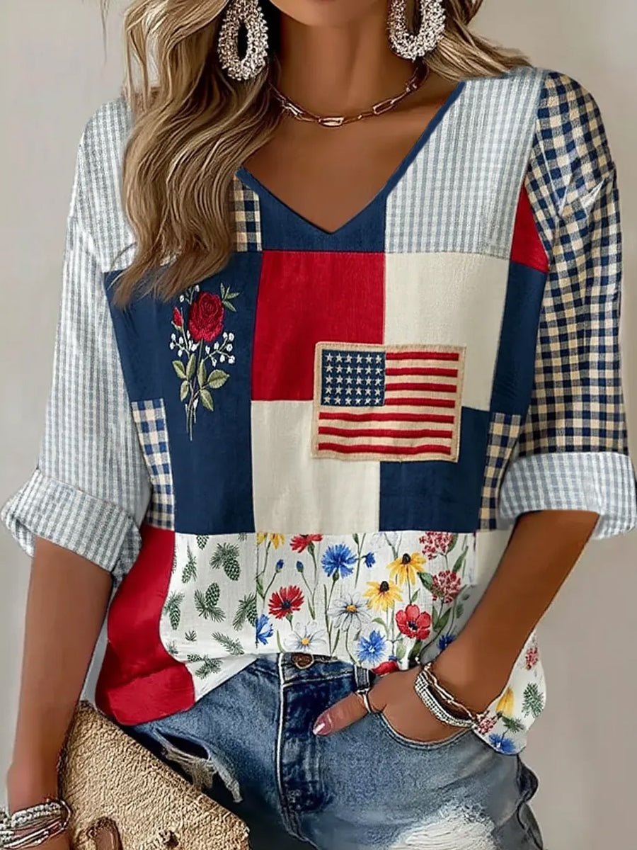Women's Floral USA Flag Print Casual Half-Sleeve Shirt