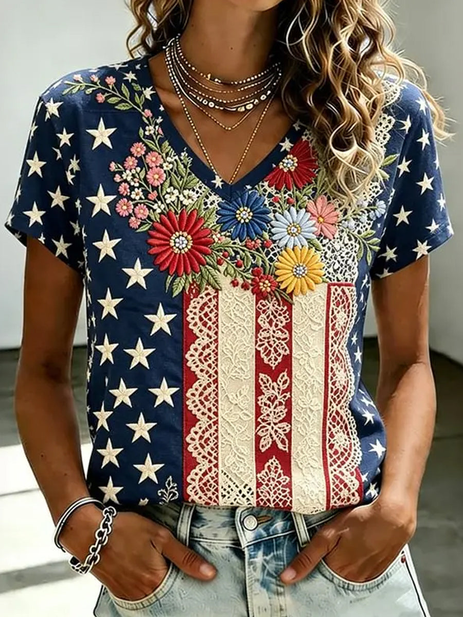 Women's Vintage Independence Day Flag Flower Art Print Linen Short Sleeves Top