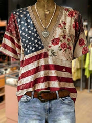 Women's Retro American Flag Print V-Neck Cotton Top