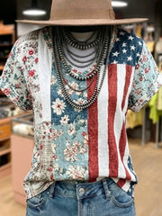 Women's American Flag Floral Print V- Neck Patchwork Cotton T-Shirt