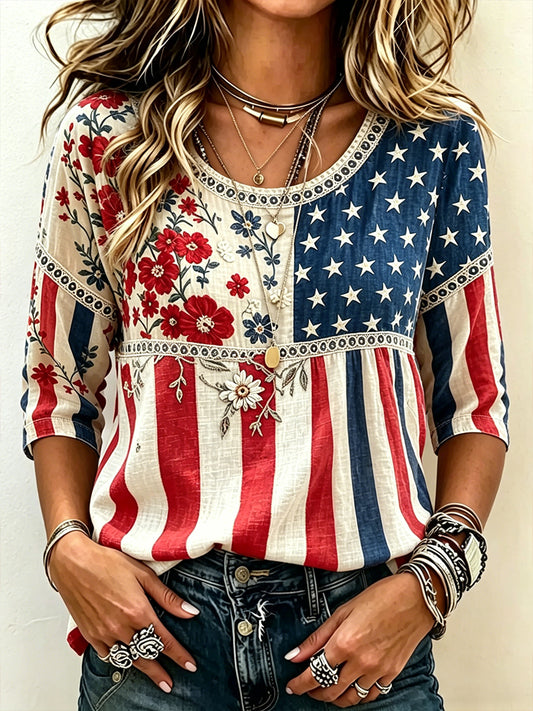 Women's Vintage Independence Day Flag Flower Art Print Linen Short Sleeves Top