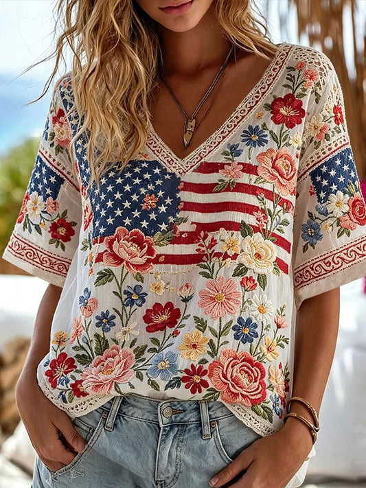Women's American Flag Floral Print Casual T-shirt