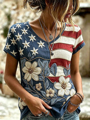 Women's American Flag Floral Print Casual T-shirt