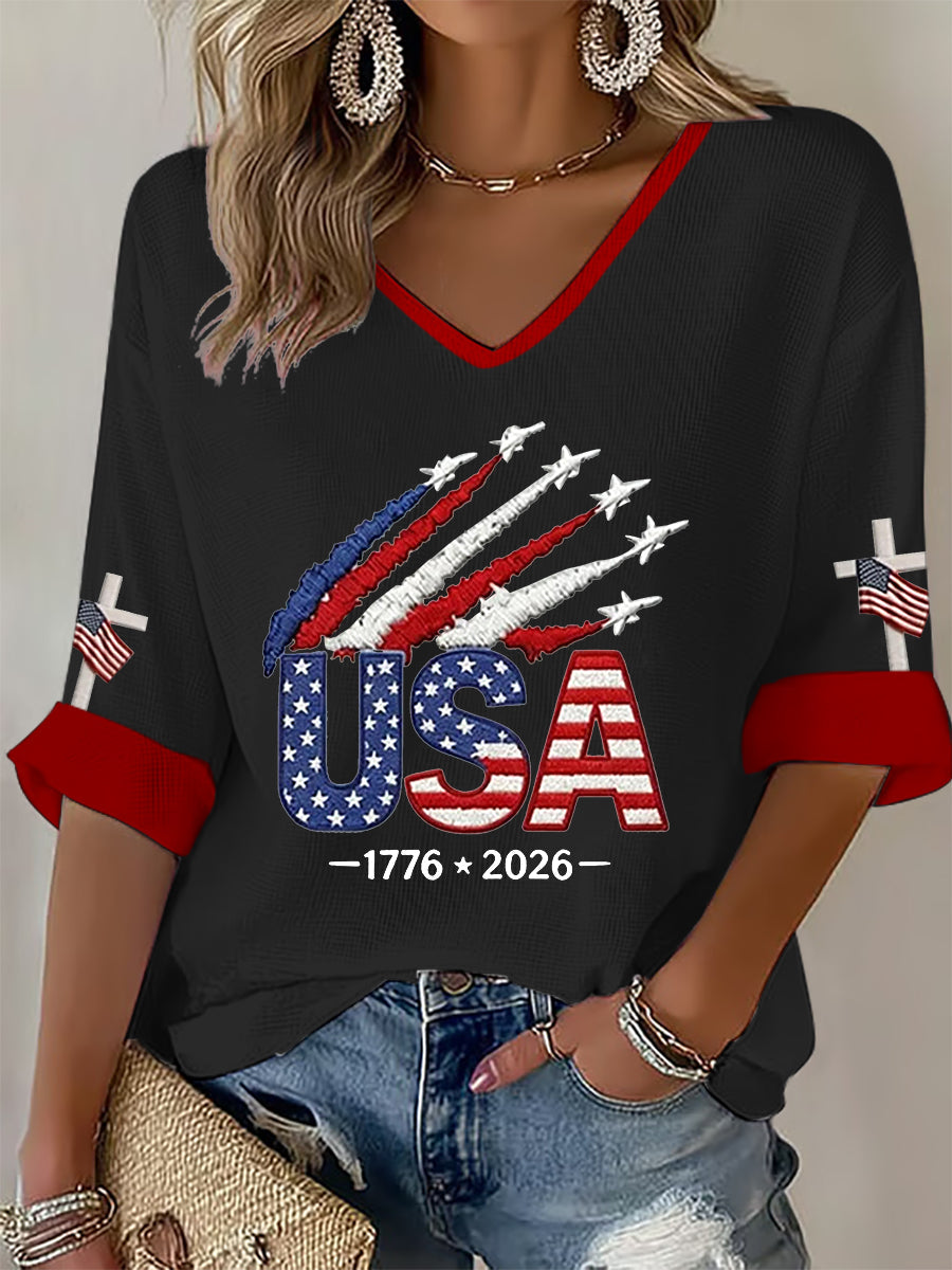 Women's  Independence Day USA  Flag Art Waffle T-shirt