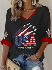 Women's  Independence Day USA  Flag Art Waffle T-shirt