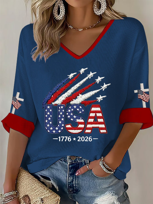 Women's  Independence Day USA  Flag Art Waffle T-shirt