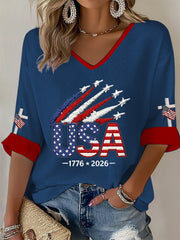 Women's  Independence Day USA  Flag Art Waffle T-shirt