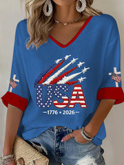 Women's  Independence Day USA  Flag Art Waffle T-shirt