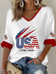 Women's  Independence Day USA  Flag Art Waffle T-shirt