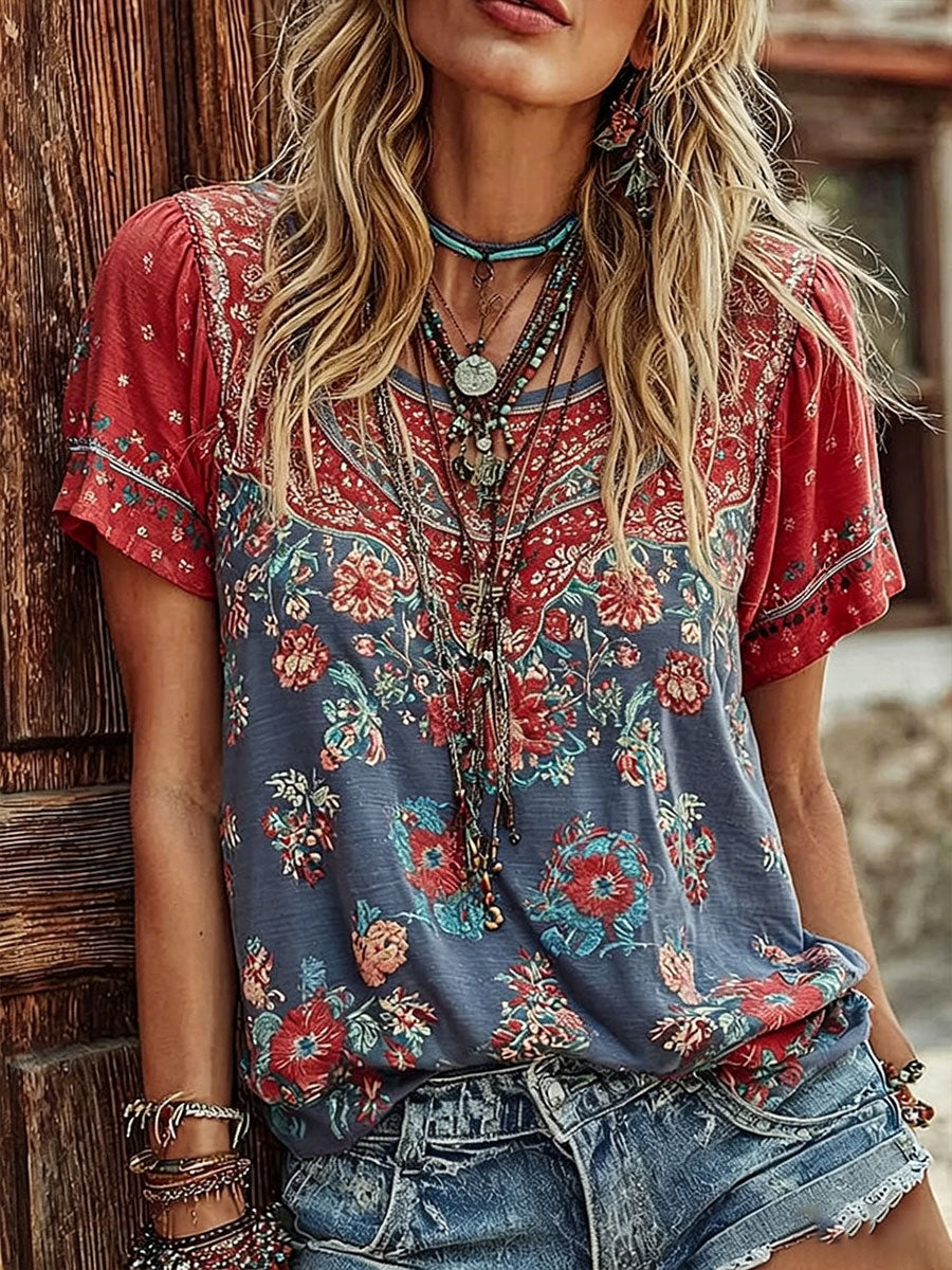Women's American Flag Floral Print Casual T-shirt