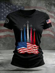 Women's Independence Day American Flag Jet Planes Print Casual Tee
