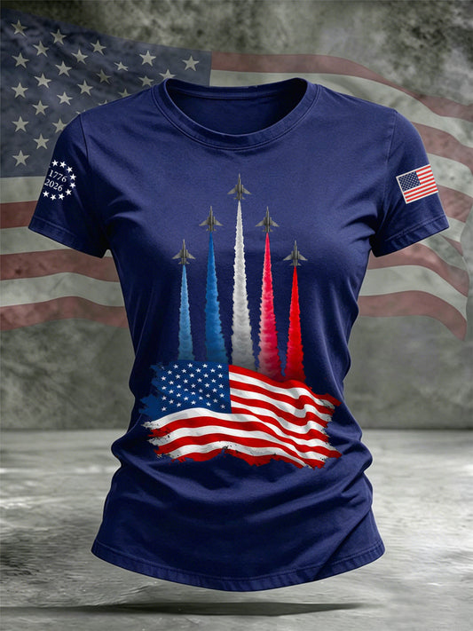 Women's Independence Day American Flag Jet Planes Print Casual Tee