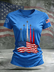 Women's Independence Day American Flag Jet Planes Print Casual Tee